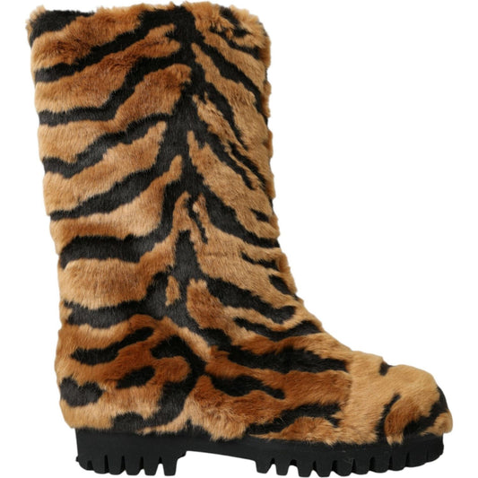 Brown Tiger Fur Leather Mid Calf Boots Shoes