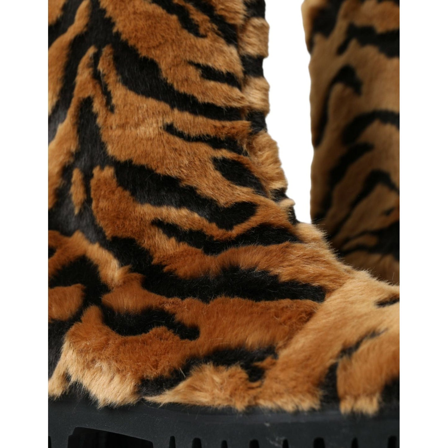 Brown Tiger Fur Leather Mid Calf Boots Shoes