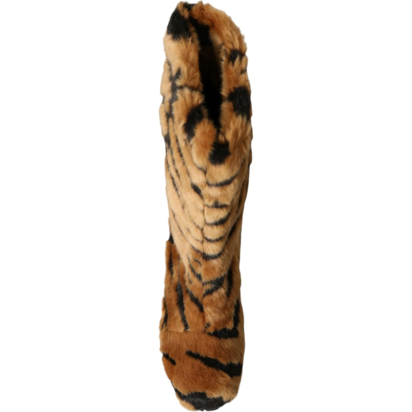 Brown Tiger Fur Leather Mid Calf Boots Shoes