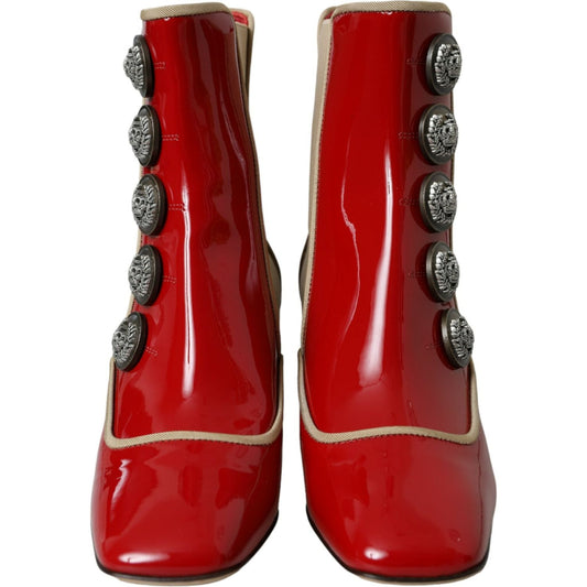 Red Beige Leather Embellished Mid Calf Boots Shoes