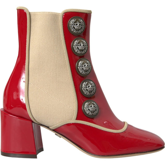 Red Beige Leather Embellished Mid Calf Boots Shoes