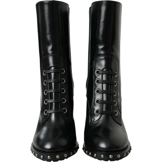 Black Leather Studded Lace Up Boots Shoes