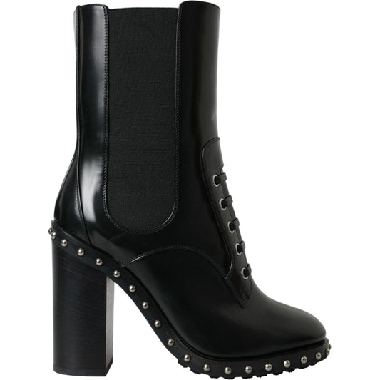 Black Leather Studded Lace Up Boots Shoes