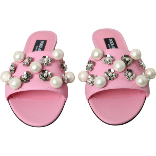 Pink Embellished Leather Flats Sandals Shoes