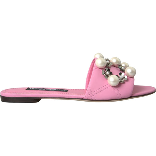 Pink Embellished Leather Flats Sandals Shoes