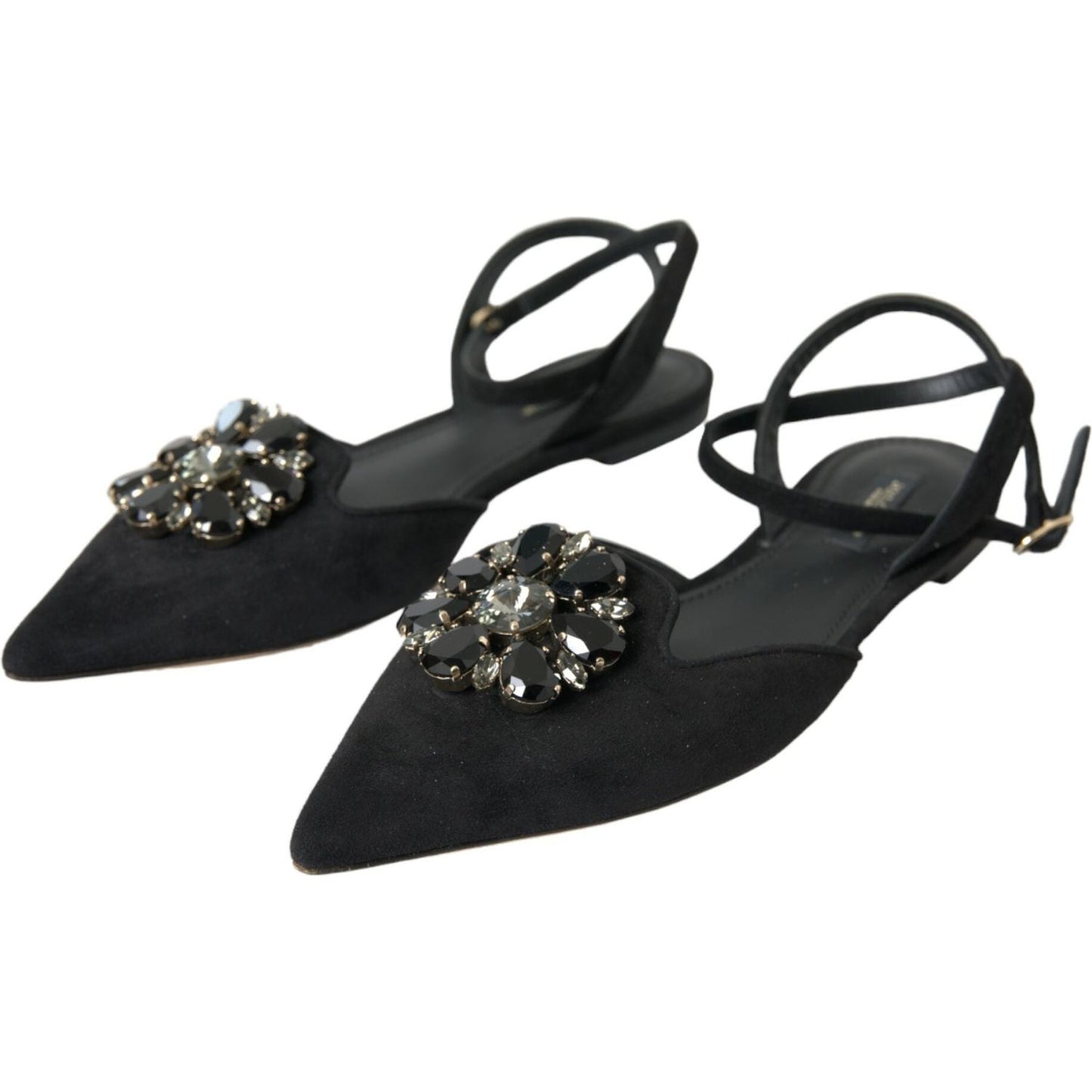 Black Leather Crystal Slingback Sandals Shoes