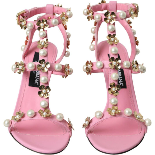 Pink Leather Embellished Heels Sandals Shoes