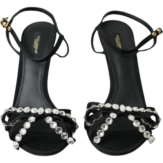 Black Viscose Crystal Bow Heels Sandals Shoes