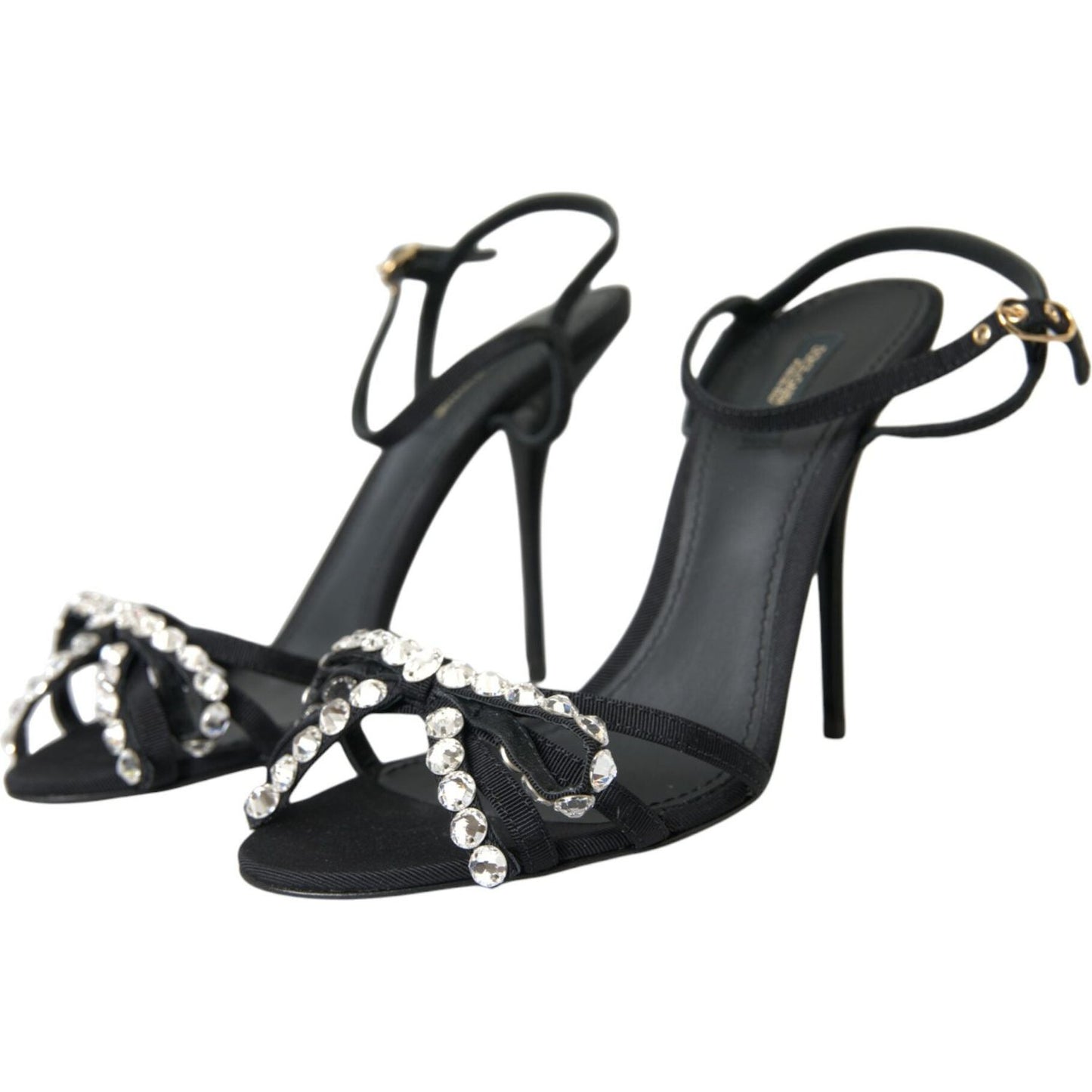 Black Viscose Crystal Bow Heels Sandals Shoes