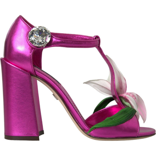 Pink Leather Crystals Floral Sandals Shoes