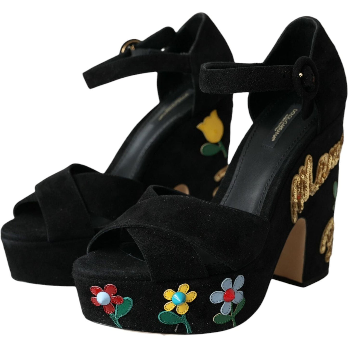 Black Floral Ankle Strap Heels Sandals Shoes