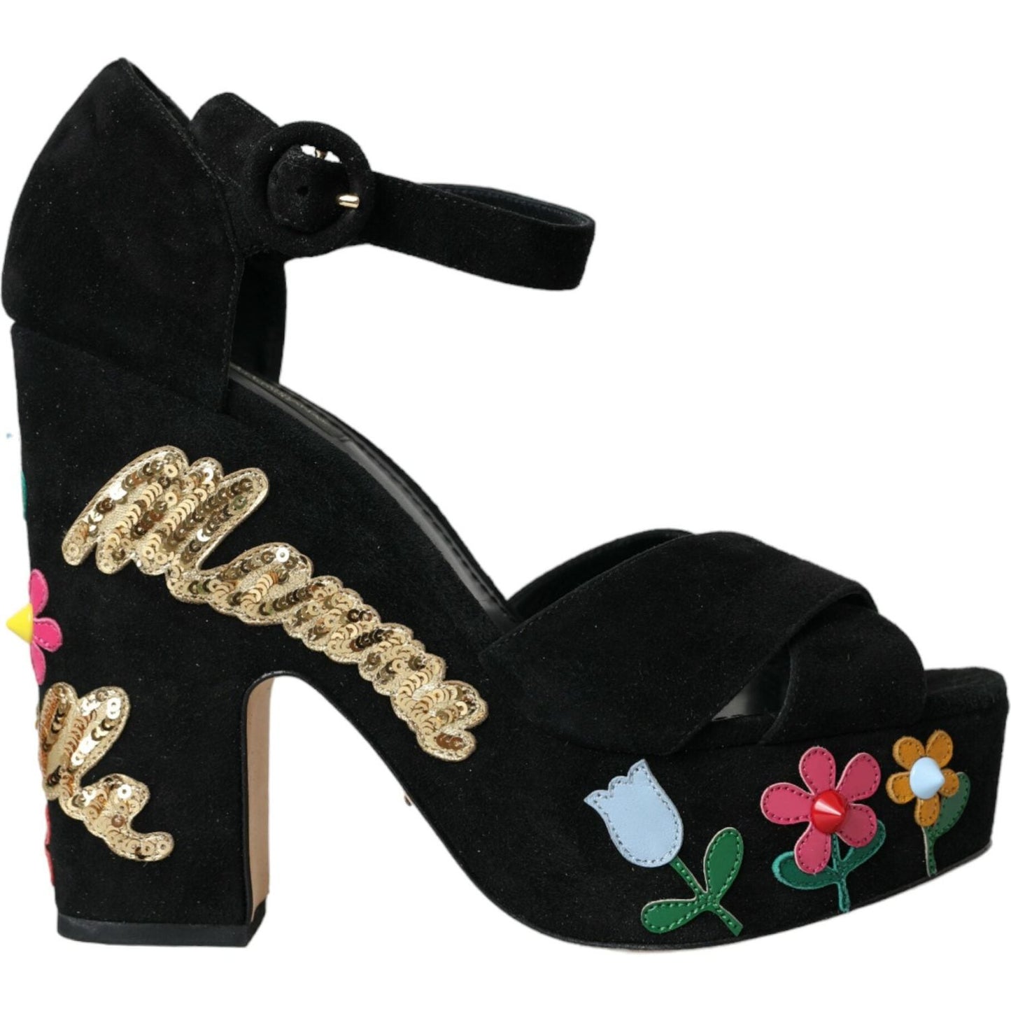 Black Floral Ankle Strap Heels Sandals Shoes