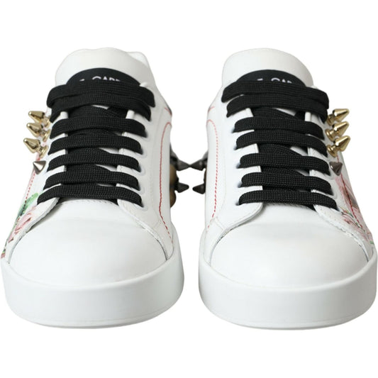 White Leather Crystal Roses Floral Sneakers Shoes