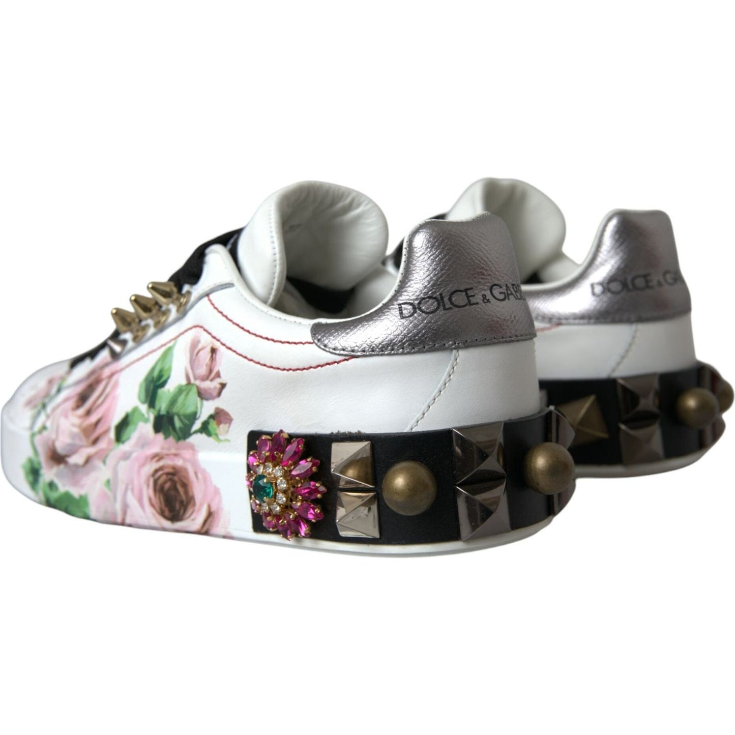 White Leather Crystal Roses Floral Sneakers Shoes