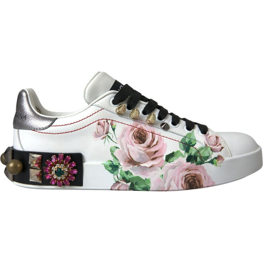 White Leather Crystal Roses Floral Sneakers Shoes