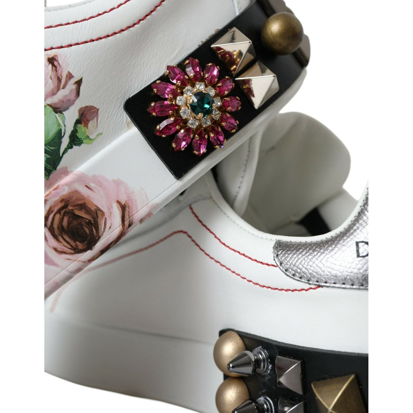 White Leather Crystal Roses Floral Sneakers Shoes