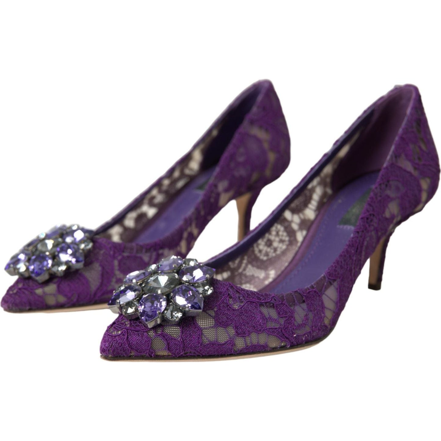 Purple Taormina Lace Crystal Heel Pumps Shoes