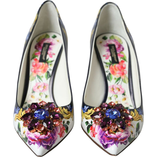 Multicolor Floral Leather Crystal Heels Pumps Shoes