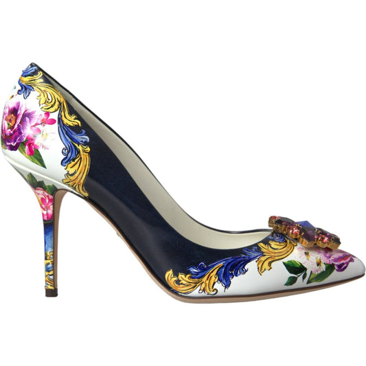 Multicolor Floral Leather Crystal Heels Pumps Shoes