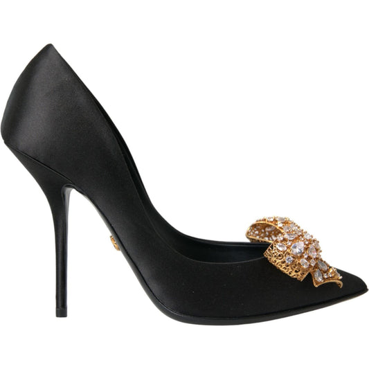 Black Satin Bow Crystal Heels Pumps Shoes