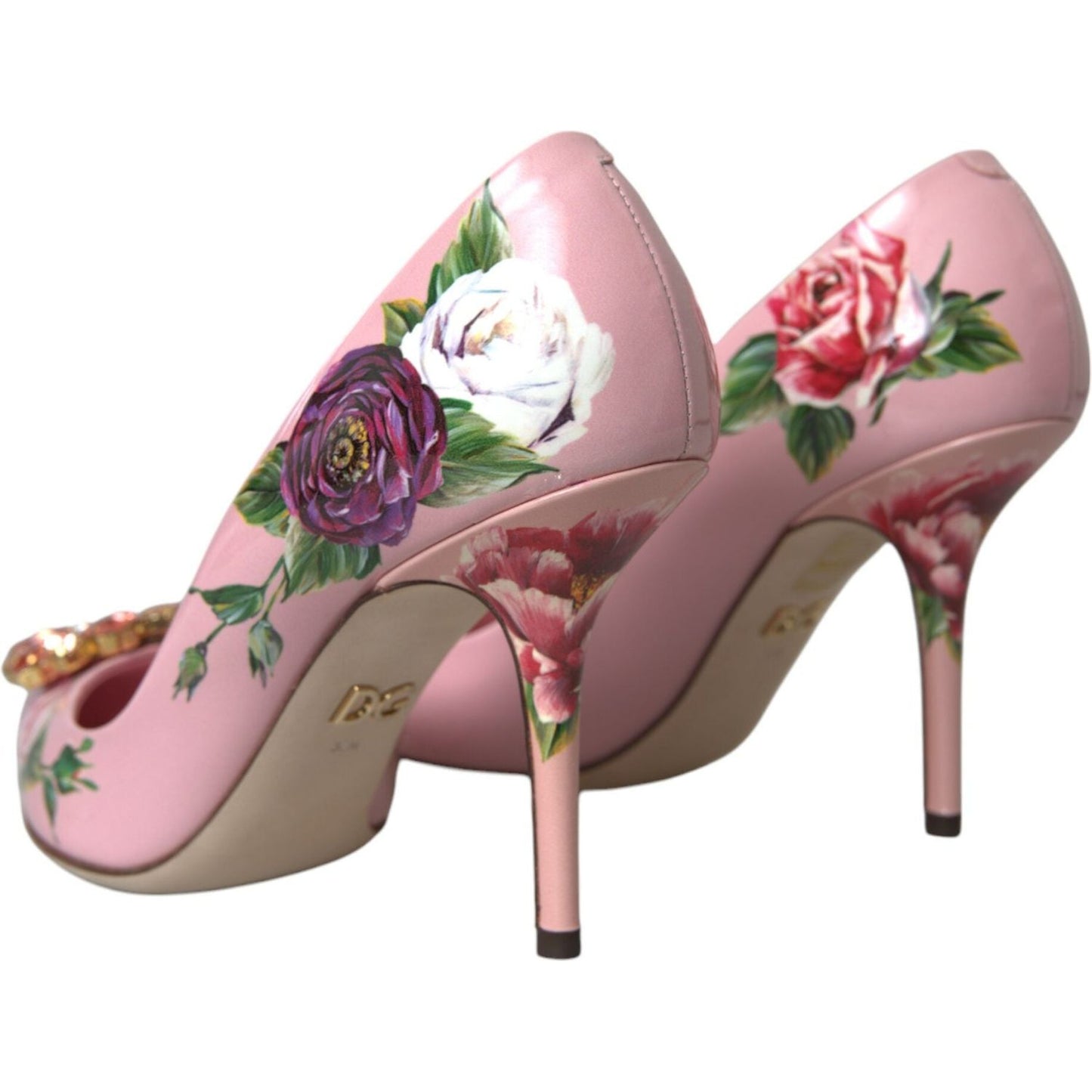 Pink Floral Leather Crystal Heels Pumps Shoes