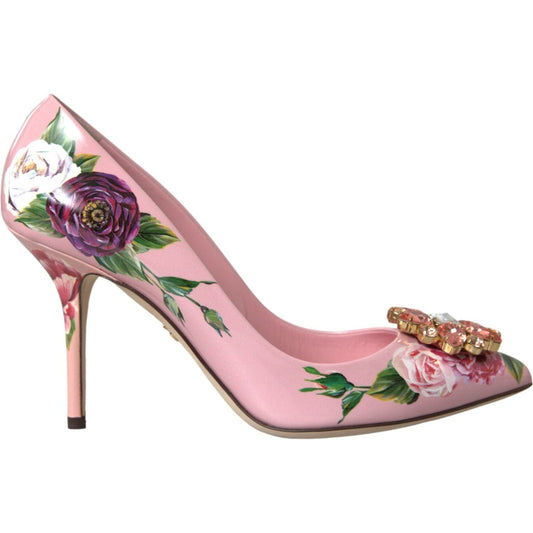 Pink Floral Leather Crystal Heels Pumps Shoes