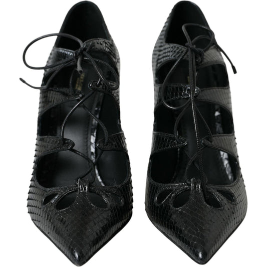 Black Python Leather Mary Jane Pumps Shoes