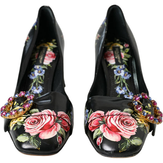 Black Floral Crystals Leather Pumps Shoes