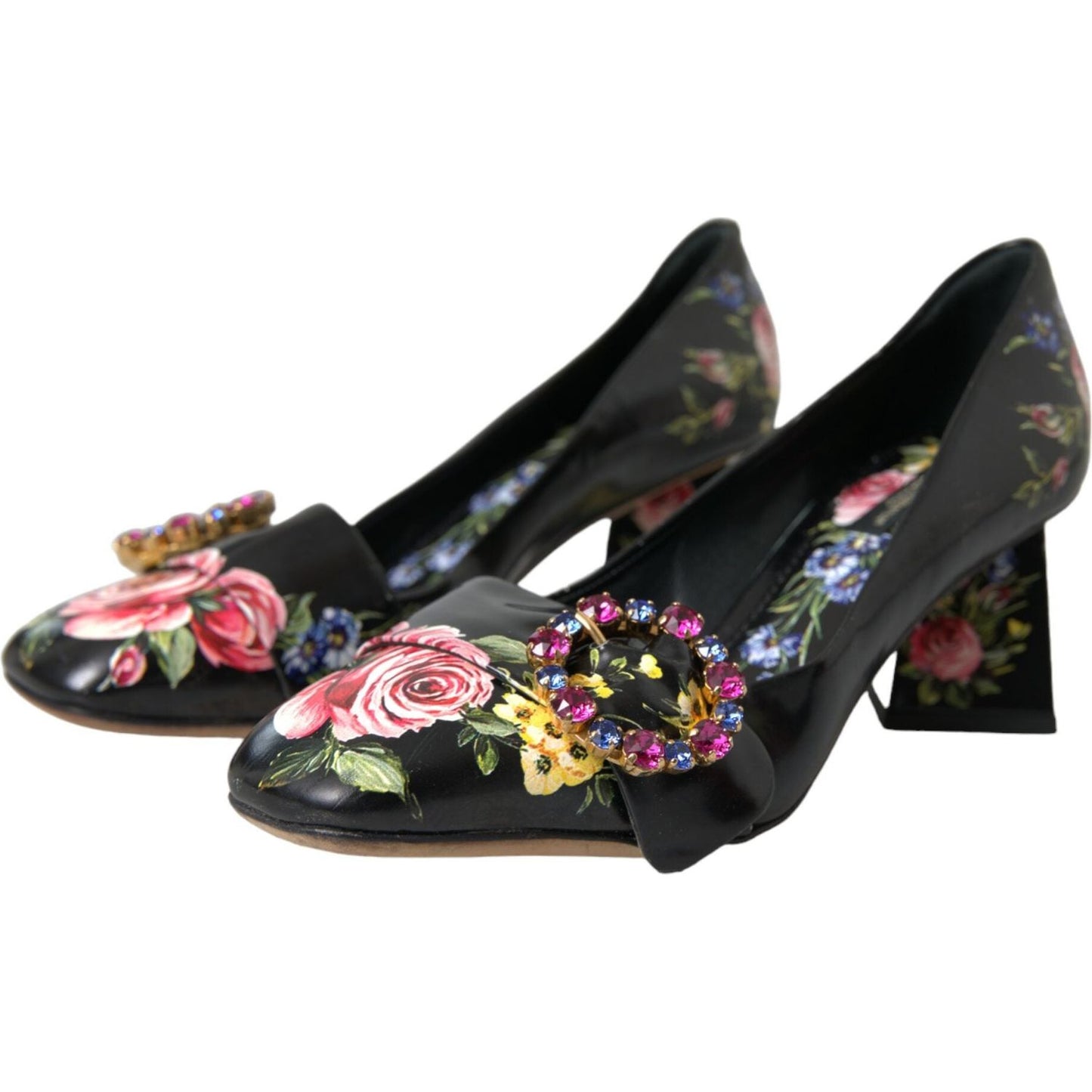 Black Floral Crystals Leather Pumps Shoes