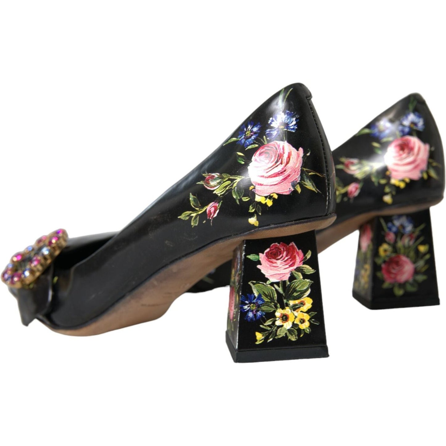 Black Floral Crystals Leather Pumps Shoes