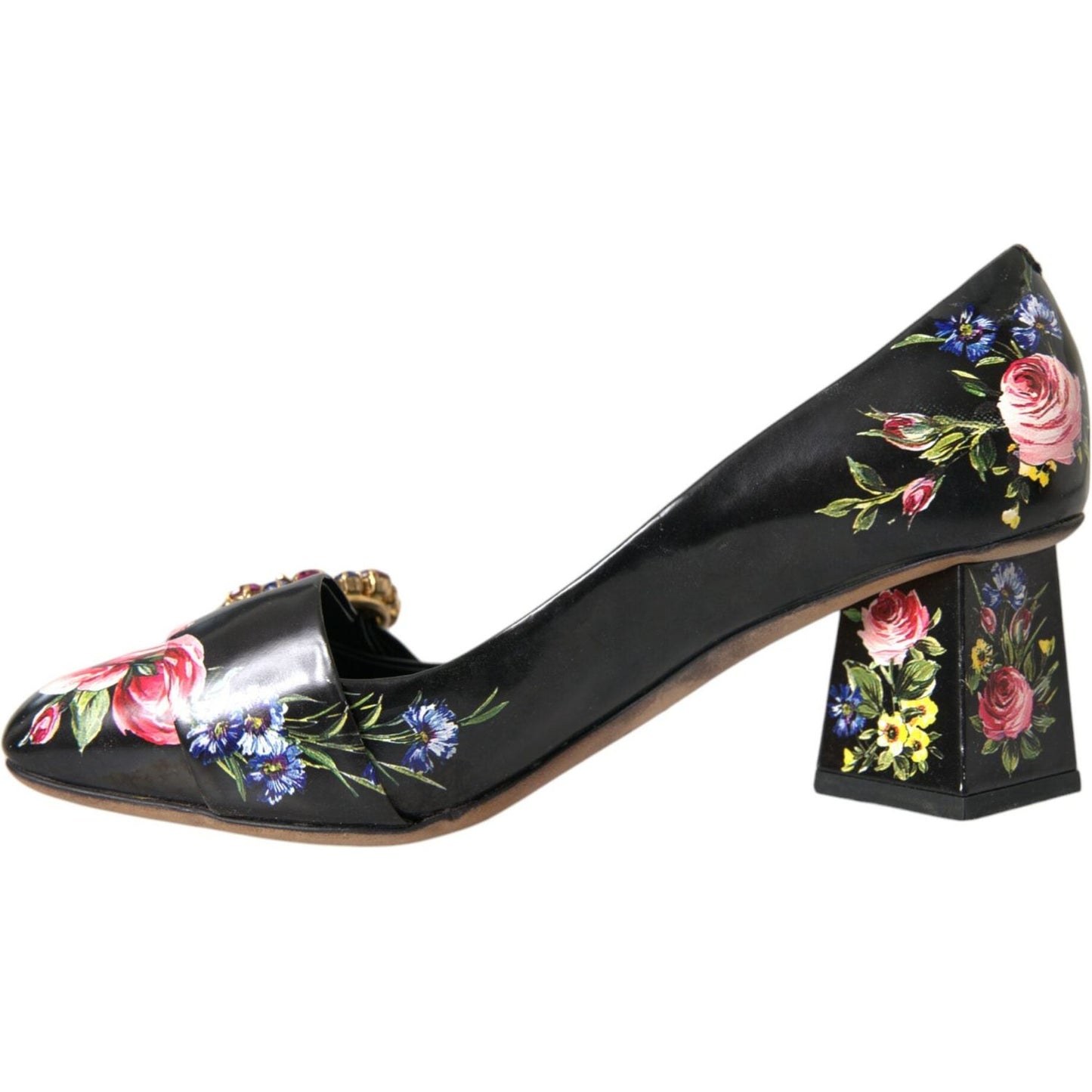 Black Floral Crystals Leather Pumps Shoes