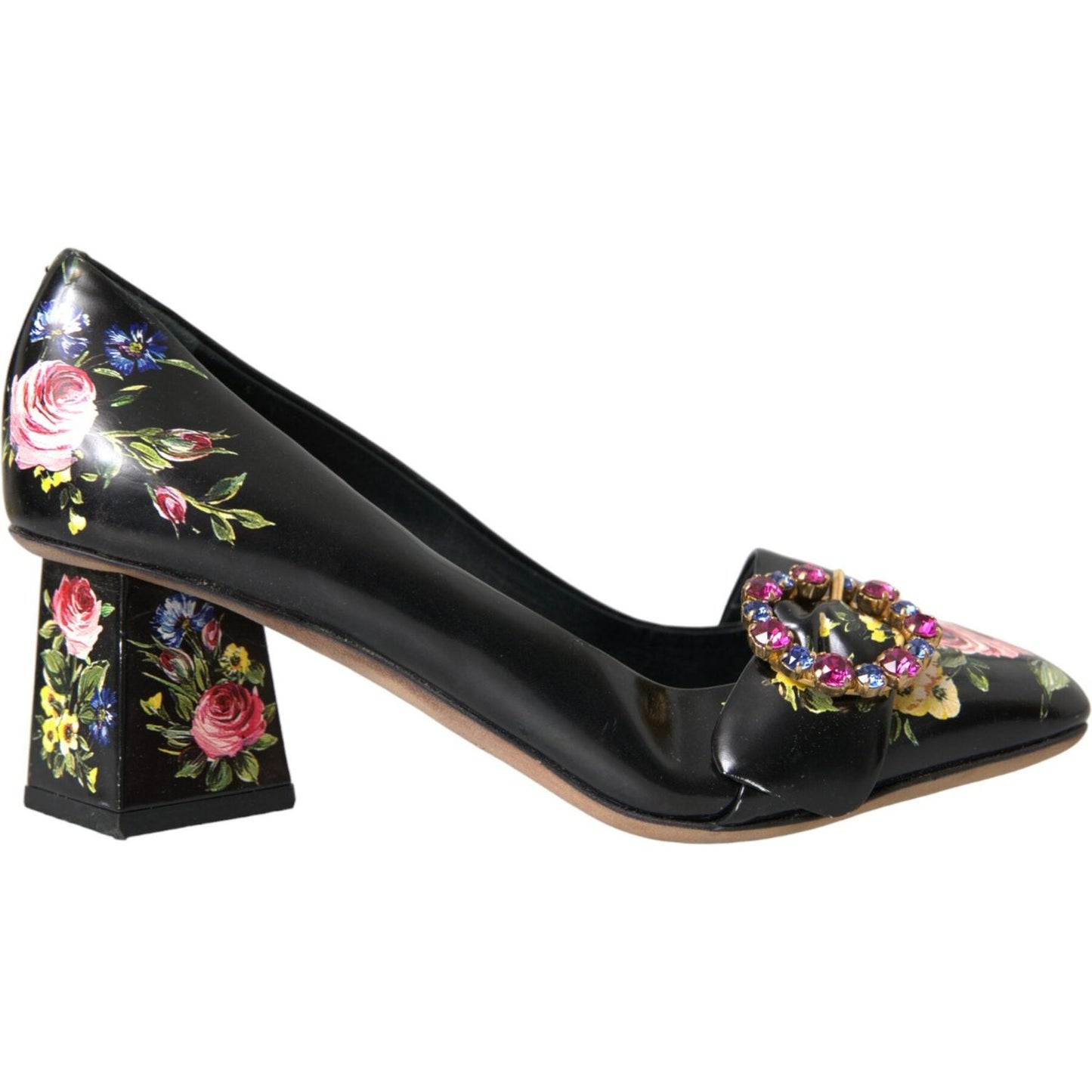 Black Floral Crystals Leather Pumps Shoes