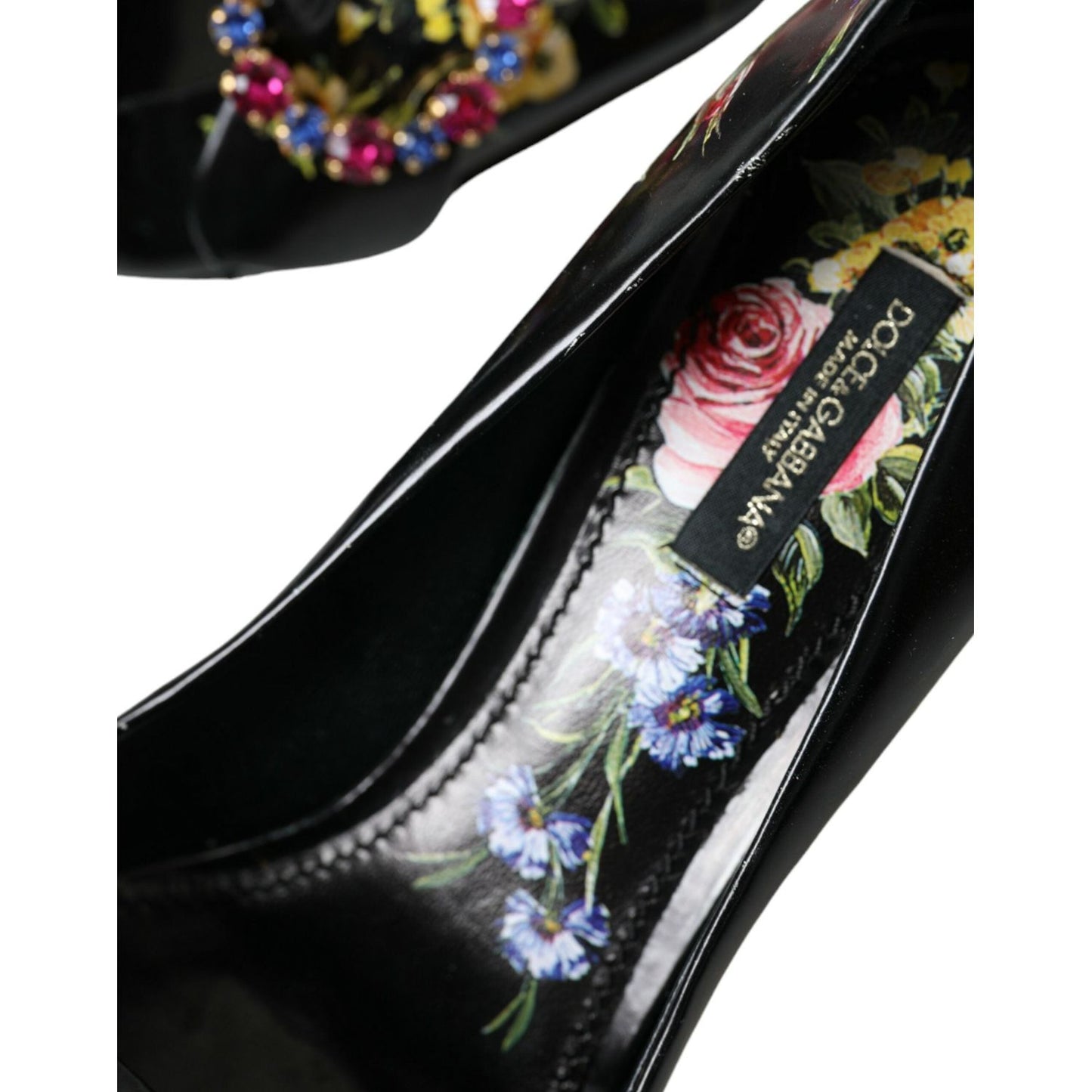 Black Floral Crystals Leather Pumps Shoes