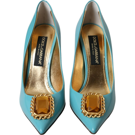 Blue Gold Leather Crystals Heels Pumps Shoes