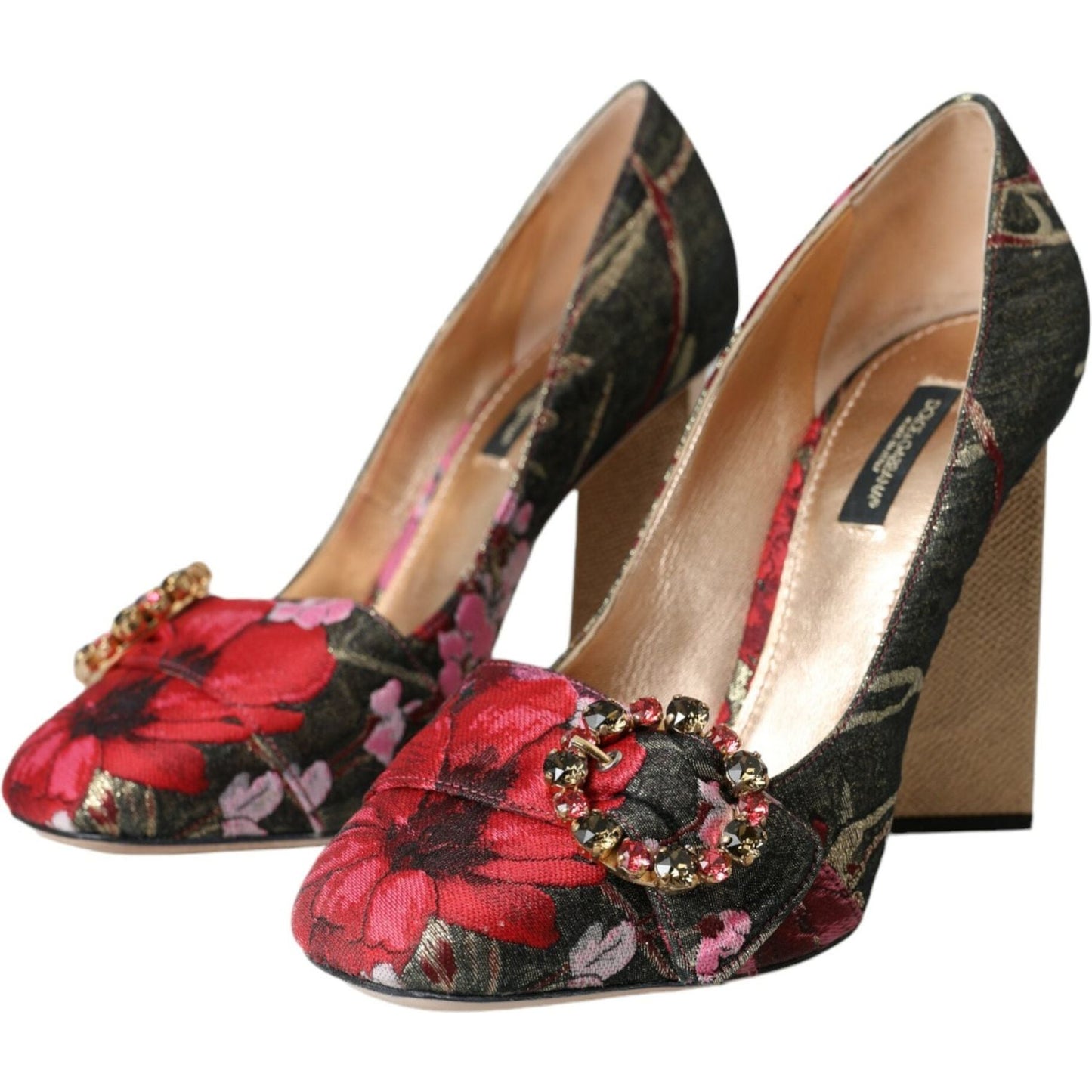 Multicolor Floral Jacquard Crystal Heels Pumps Shoes