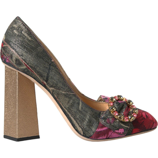 Multicolor Floral Jacquard Crystal Heels Pumps Shoes