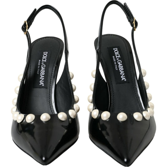 Black Leather Faux Pearl Heel Slingback Shoes