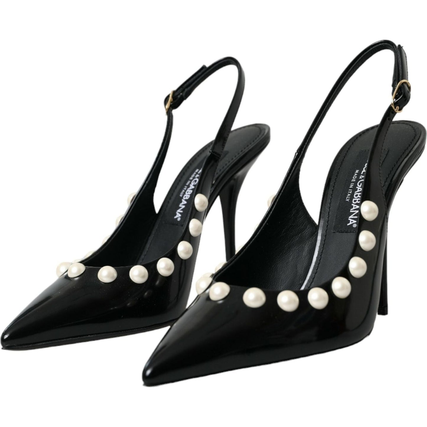 Black Leather Faux Pearl Heel Slingback Shoes