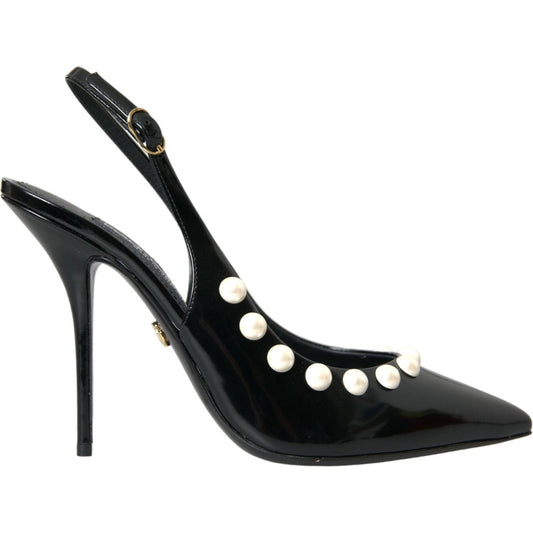 Black Leather Faux Pearl Heel Slingback Shoes