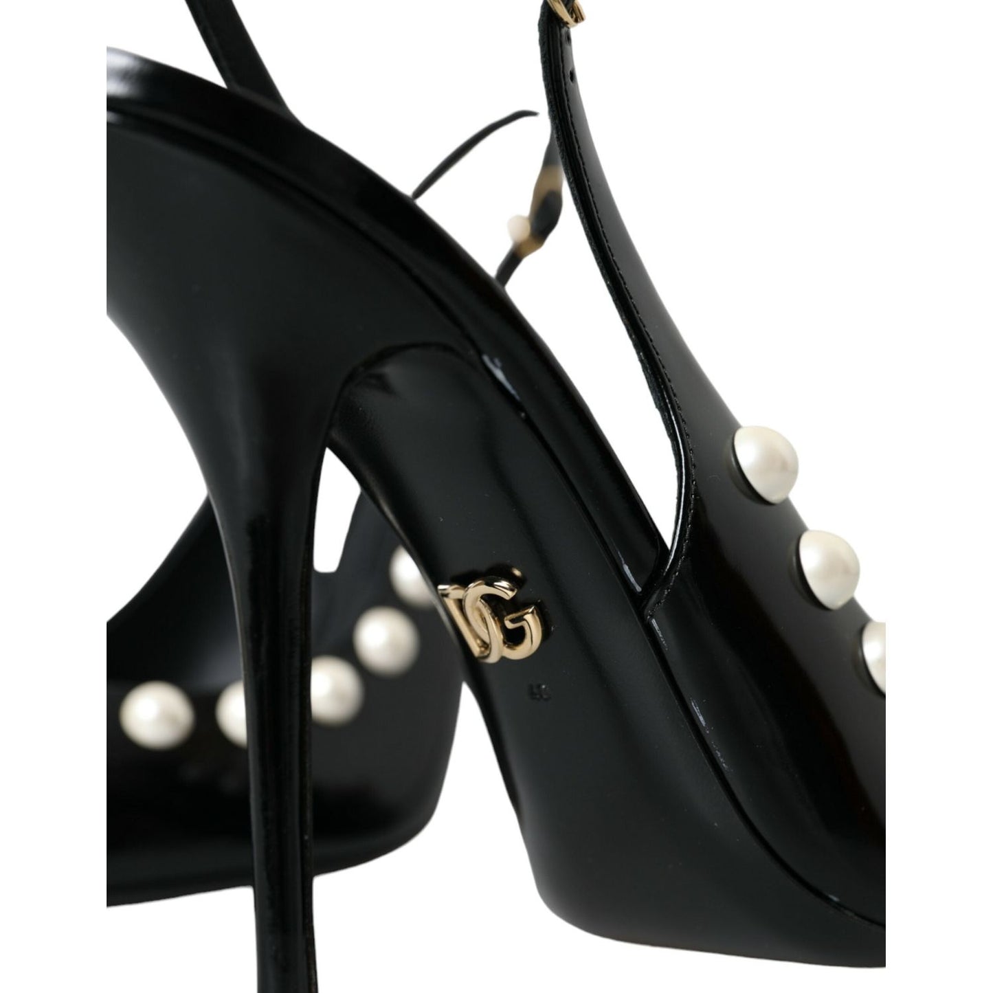 Black Leather Faux Pearl Heel Slingback Shoes