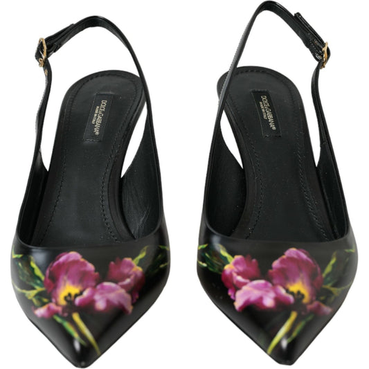 Black Floral Leather Heels Slingback Shoes