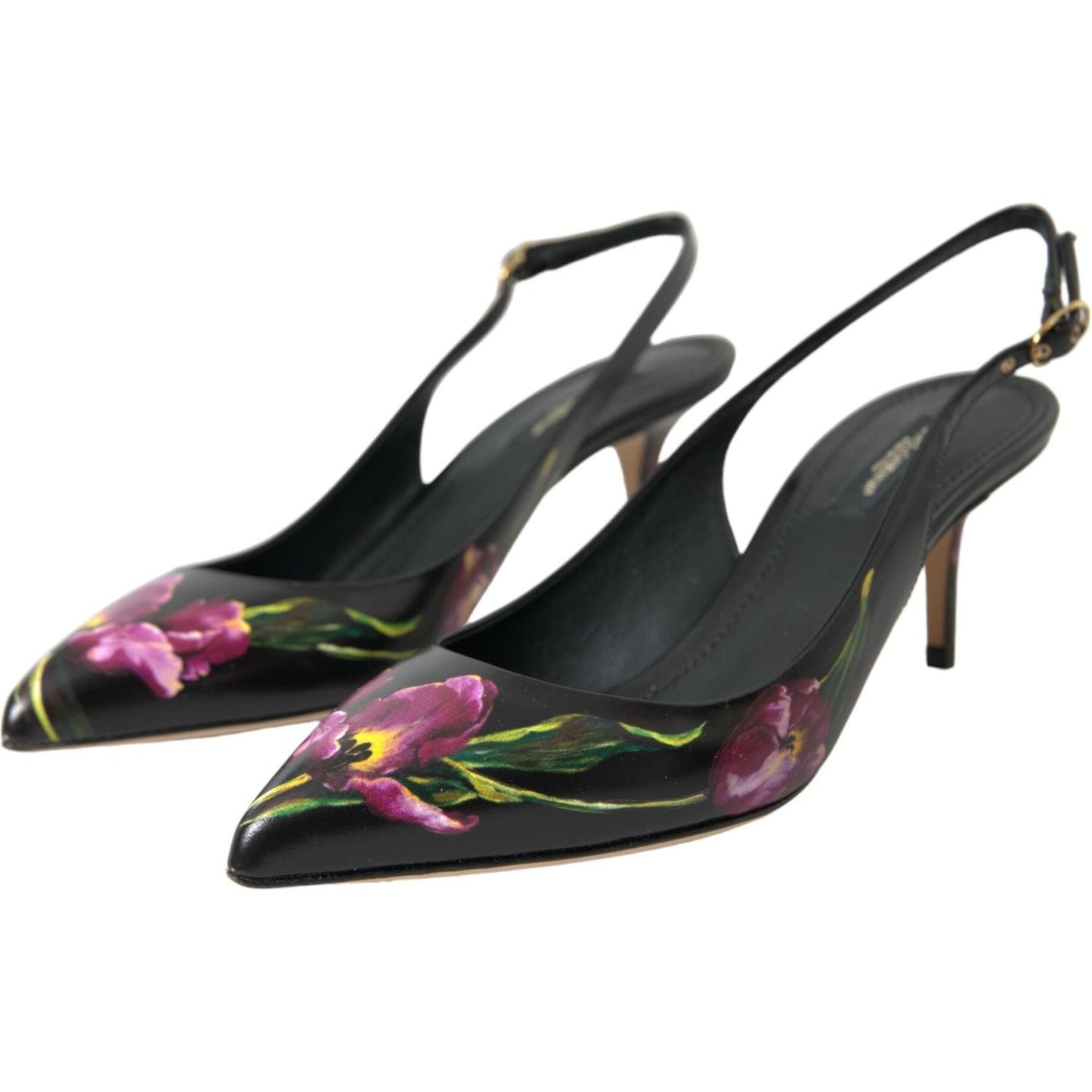 Black Floral Leather Heels Slingback Shoes