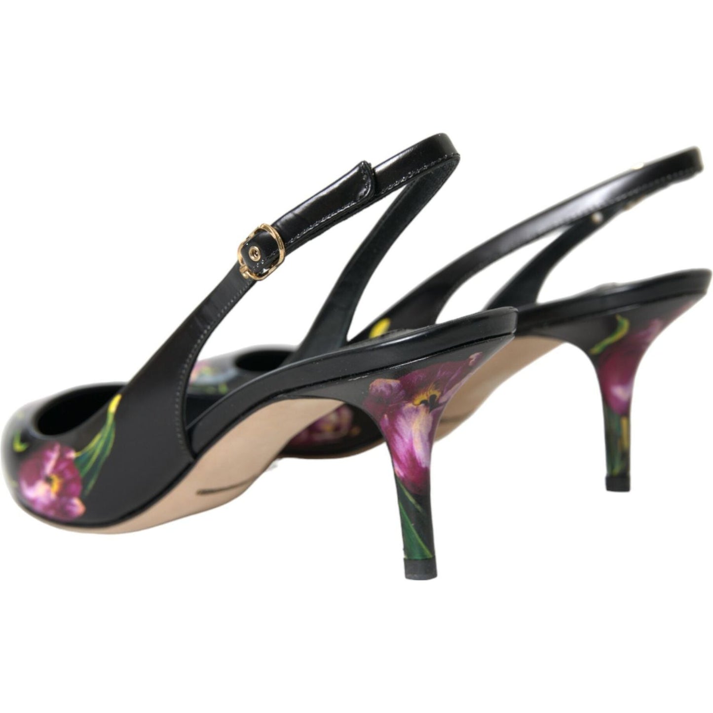 Black Floral Leather Heels Slingback Shoes