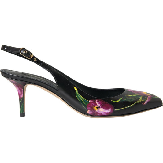 Black Floral Leather Heels Slingback Shoes