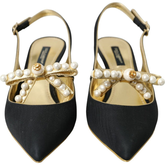 Black Leather Faux Pearls Slingbacks Shoes