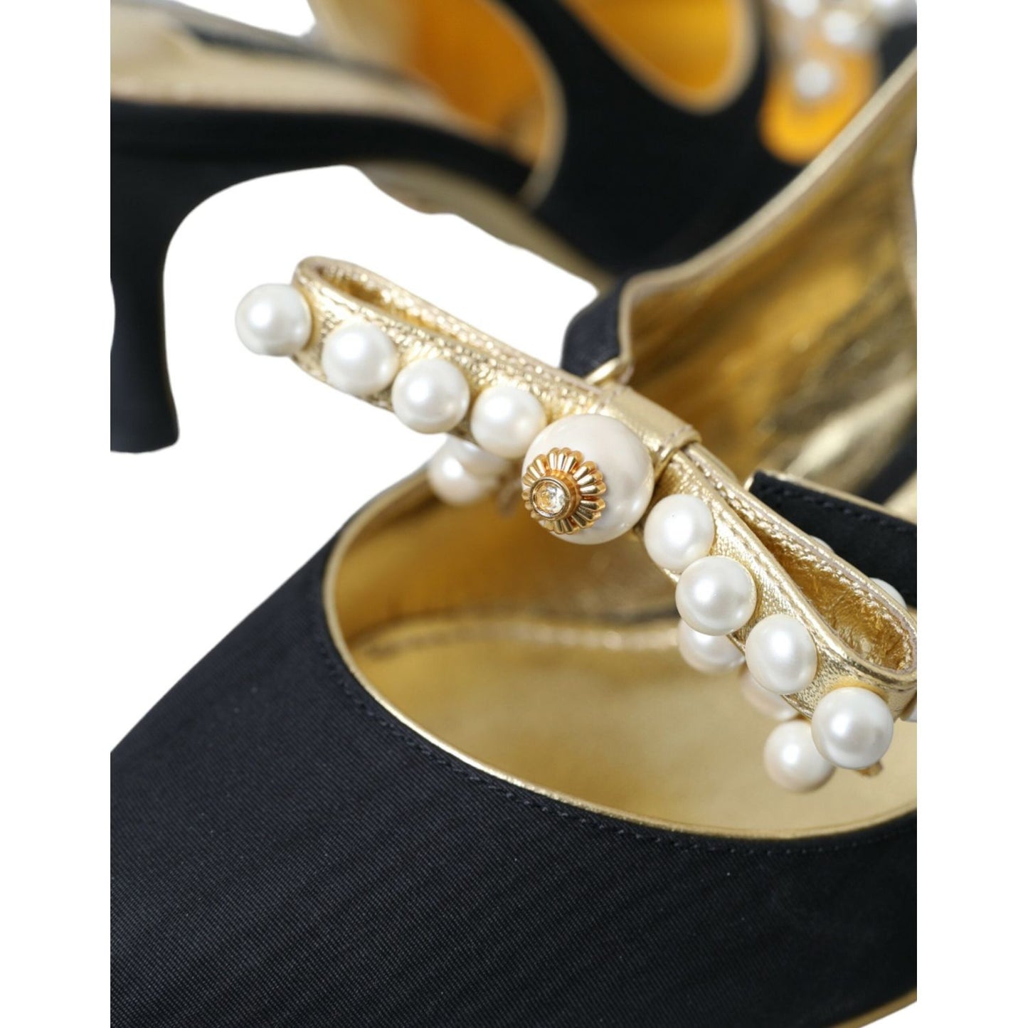 Black Leather Faux Pearls Slingbacks Shoes