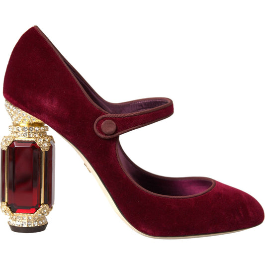 Dolce & Gabbana Red Velvet Gold Crystals Heels Mary Jane Shoes Dolce & Gabbana