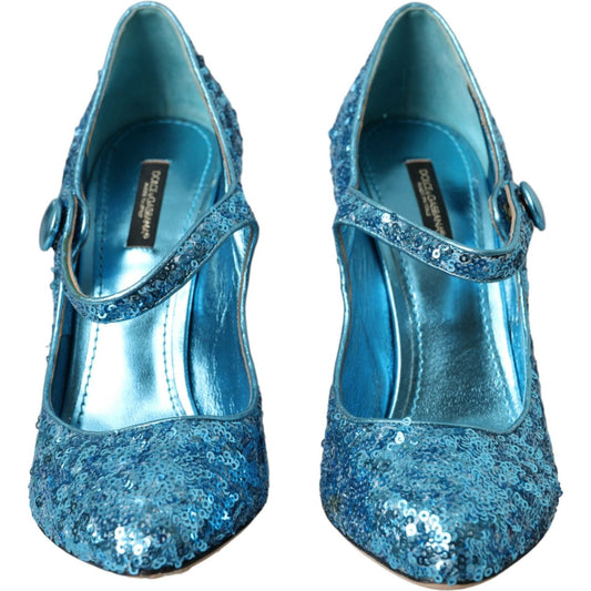 Blue Sequin Mary Jane Pumps High Heels Shoes