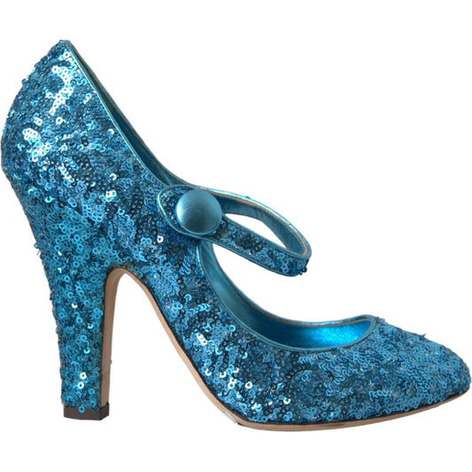 Blue Sequin Mary Jane Pumps High Heels Shoes