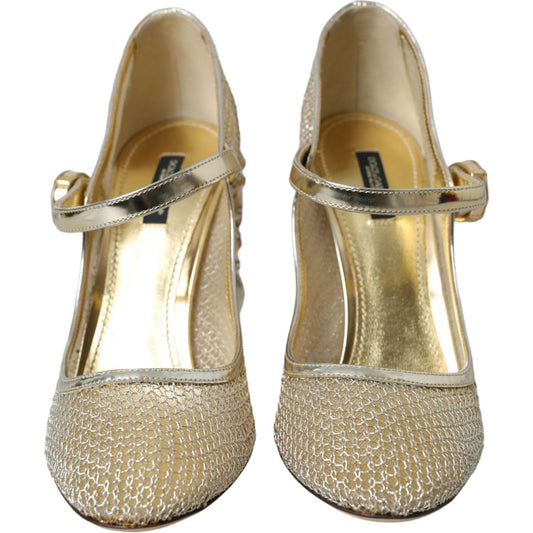 Gold Mesh Crystal Mary Jane Pumps Heels Shoes